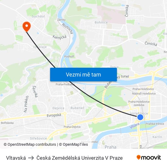 Vltavská to Česká Zemědělská Univerzita V Praze map