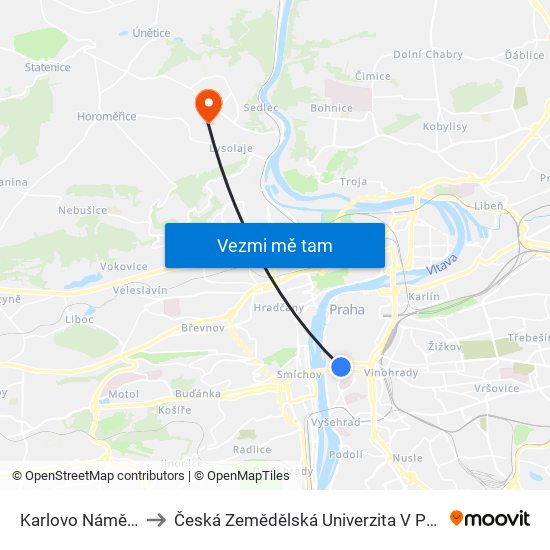 Karlovo Náměstí to Česká Zemědělská Univerzita V Praze map