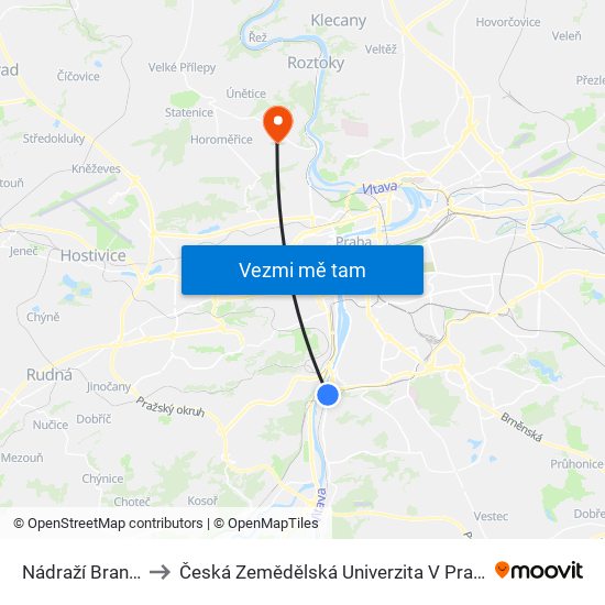 Nádraží Braník to Česká Zemědělská Univerzita V Praze map