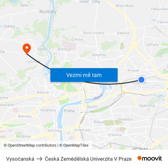 Vysočanská to Česká Zemědělská Univerzita V Praze map