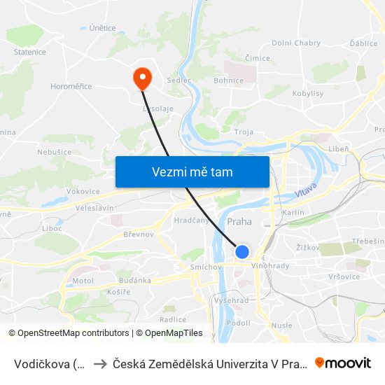 Vodičkova (A) to Česká Zemědělská Univerzita V Praze map