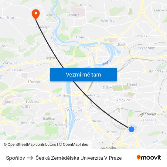 Spořilov to Česká Zemědělská Univerzita V Praze map