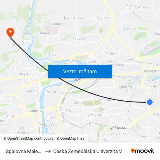 Spalovna Malešice to Česká Zemědělská Univerzita V Praze map
