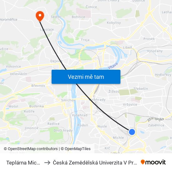 Teplárna Michle to Česká Zemědělská Univerzita V Praze map