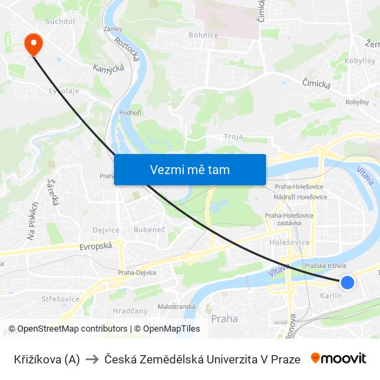 Křižíkova (A) to Česká Zemědělská Univerzita V Praze map