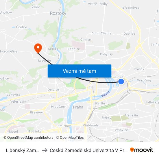 Libeňský Zámek to Česká Zemědělská Univerzita V Praze map