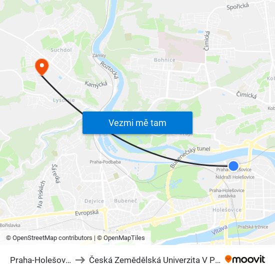 Praha-Holešovice to Česká Zemědělská Univerzita V Praze map