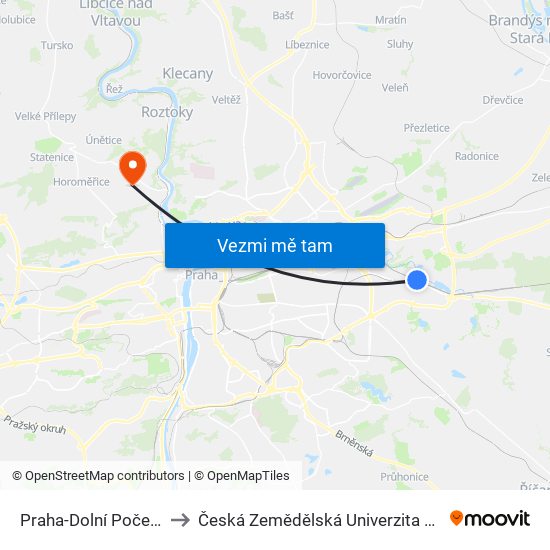 Praha-Dolní Počernice to Česká Zemědělská Univerzita V Praze map