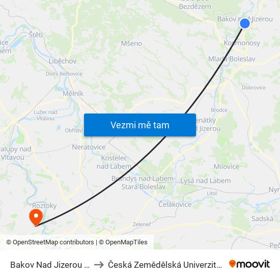 Bakov Nad Jizerou Město to Česká Zemědělská Univerzita V Praze map