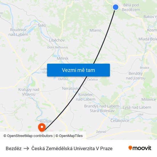 Bezděz to Česká Zemědělská Univerzita V Praze map