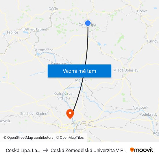 Česká Lípa, Lada to Česká Zemědělská Univerzita V Praze map