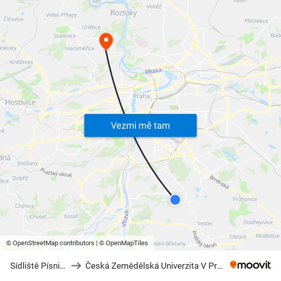 Sídliště Písnice to Česká Zemědělská Univerzita V Praze map