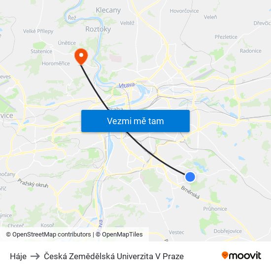 Háje to Česká Zemědělská Univerzita V Praze map