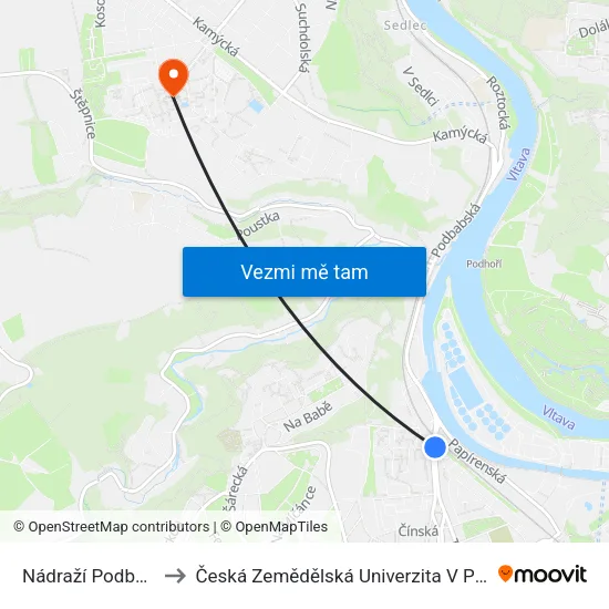 Nádraží Podbaba to Česká Zemědělská Univerzita V Praze map