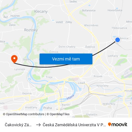 Čakovický Zámek to Česká Zemědělská Univerzita V Praze map