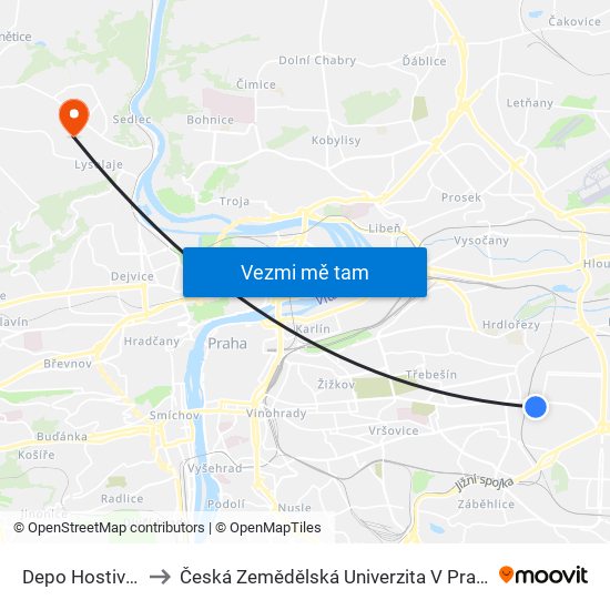 Depo Hostivař to Česká Zemědělská Univerzita V Praze map