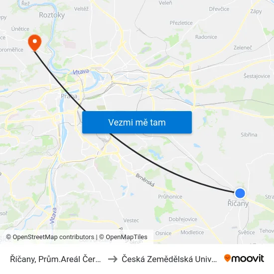 Říčany, Prům.Areál Černokostelecká to Česká Zemědělská Univerzita V Praze map