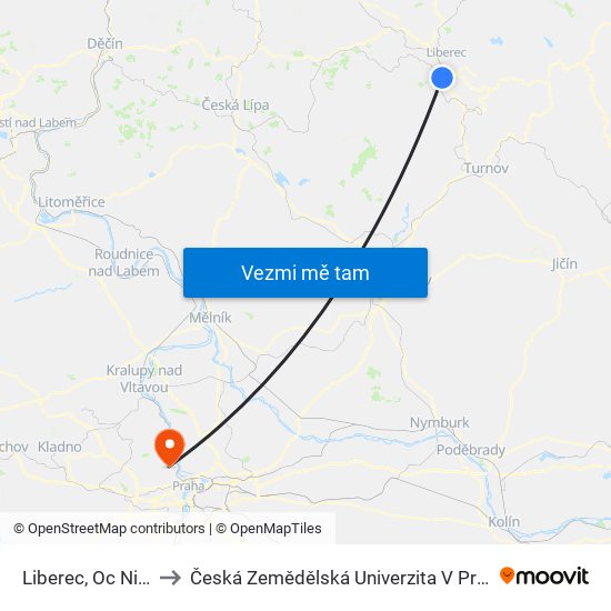 Liberec, Oc Nisa to Česká Zemědělská Univerzita V Praze map