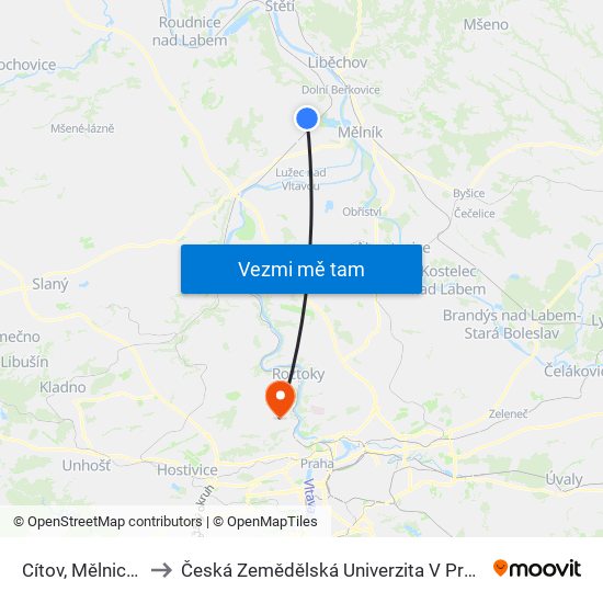 Cítov, Mělnická (2) to Česká Zemědělská Univerzita V Praze map