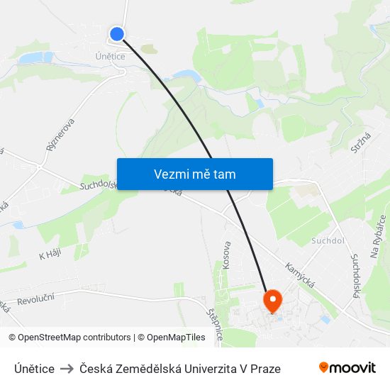 Únětice to Česká Zemědělská Univerzita V Praze map