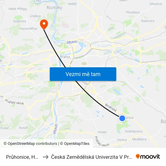 Průhonice, Hole to Česká Zemědělská Univerzita V Praze map