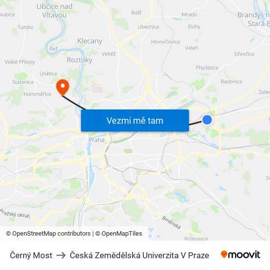 Černý Most to Česká Zemědělská Univerzita V Praze map