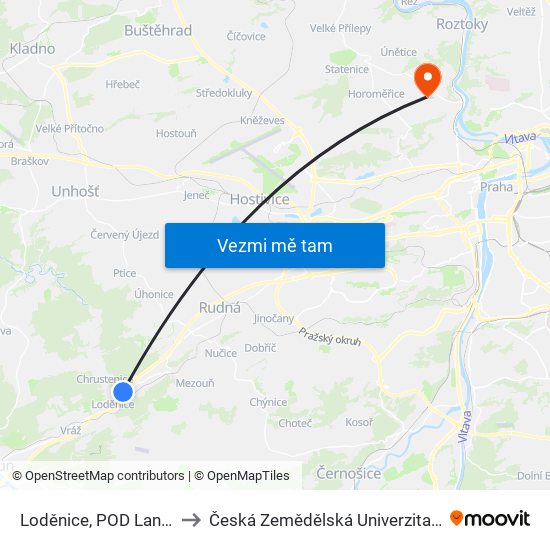 Loděnice, POD Lanovkou to Česká Zemědělská Univerzita V Praze map