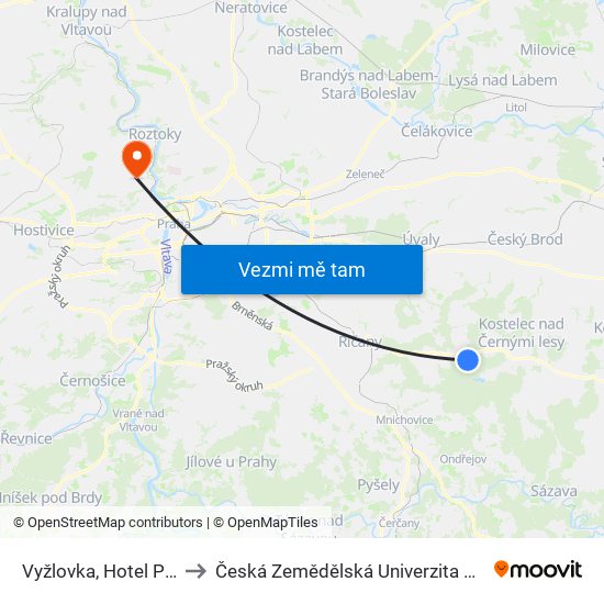 Vyžlovka, Hotel Praha to Česká Zemědělská Univerzita V Praze map