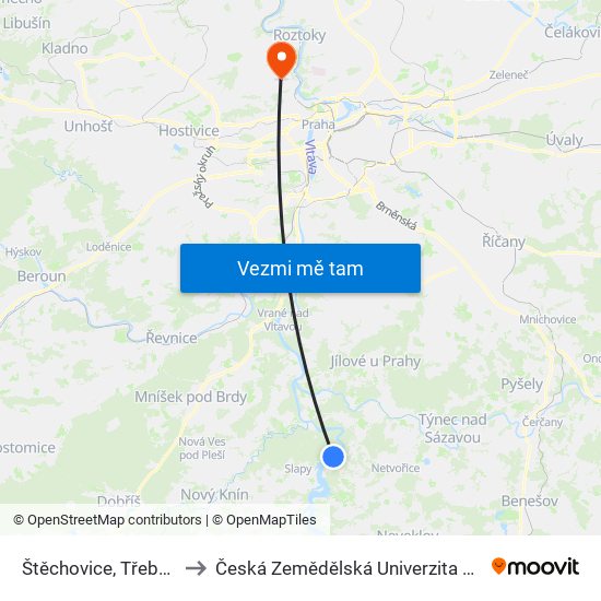 Štěchovice, Třebenice to Česká Zemědělská Univerzita V Praze map