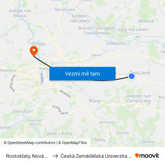 Rostoklaty, Nová Ves II to Česká Zemědělská Univerzita V Praze map