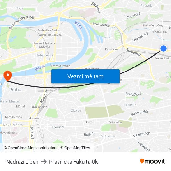 Nádraží Libeň to Právnická Fakulta Uk map