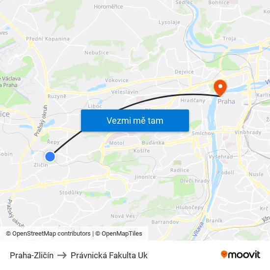 Praha-Zličín to Právnická Fakulta Uk map