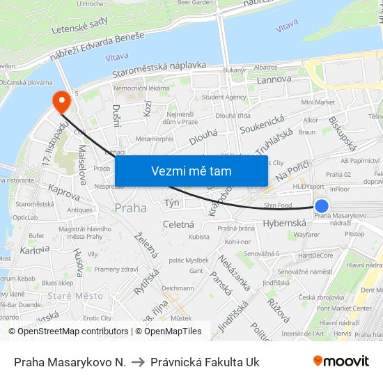 Praha Masarykovo N. to Právnická Fakulta Uk map