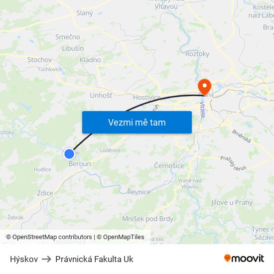 Hýskov to Právnická Fakulta Uk map