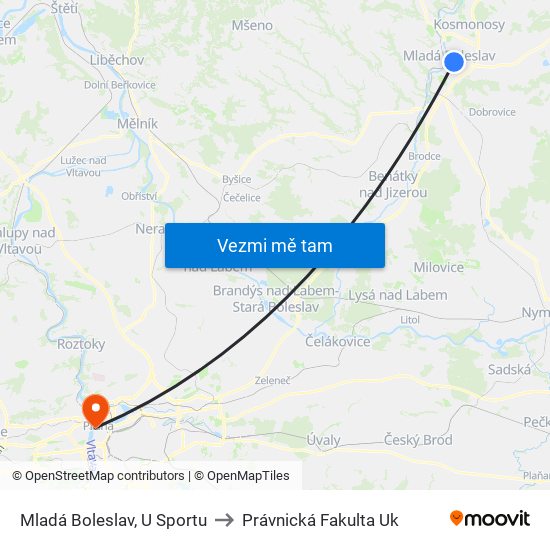 Mladá Boleslav, U Sportu to Právnická Fakulta Uk map