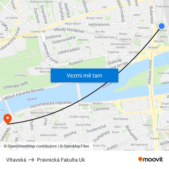 Vltavská to Právnická Fakulta Uk map