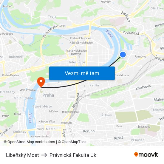 Libeňský Most to Právnická Fakulta Uk map