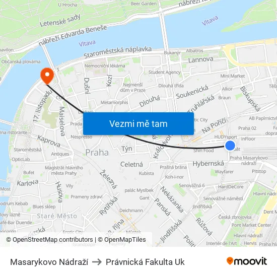 Masarykovo Nádraží to Právnická Fakulta Uk map