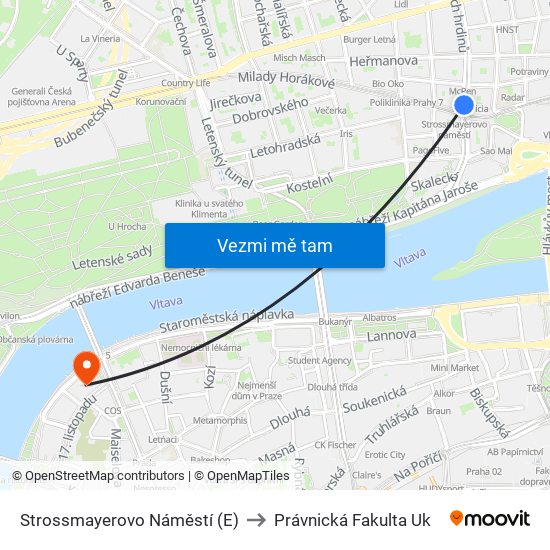 Strossmayerovo Náměstí (E) to Právnická Fakulta Uk map