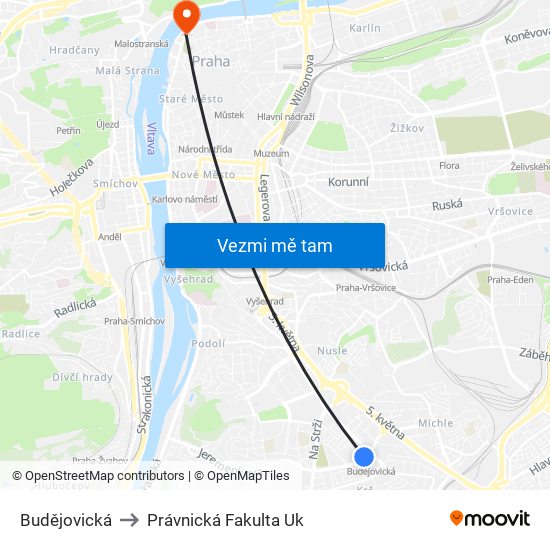 Budějovická to Právnická Fakulta Uk map