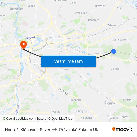 Nádraží Klánovice-Sever to Právnická Fakulta Uk map