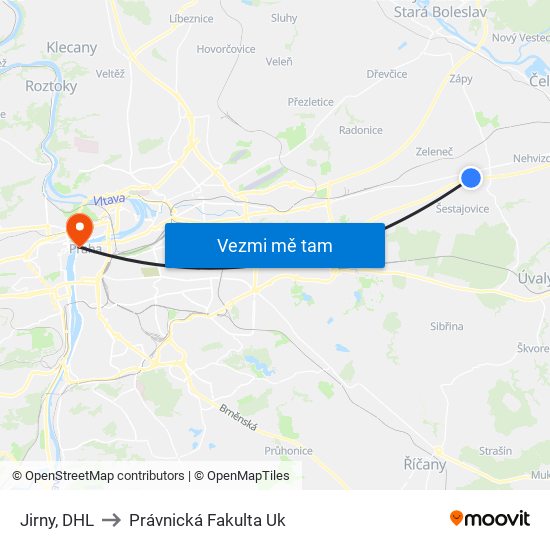 Jirny, DHL to Právnická Fakulta Uk map