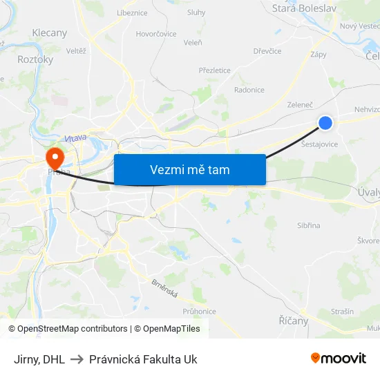 Jirny, DHL to Právnická Fakulta Uk map