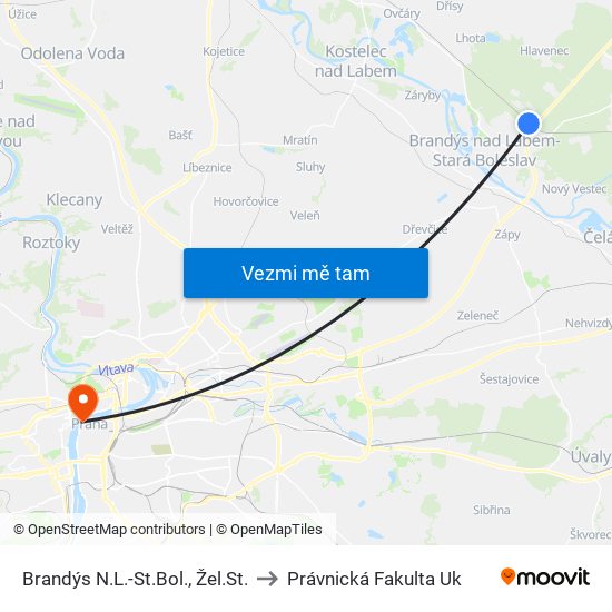 Brandýs N.L.-St.Bol., Žel.St. to Právnická Fakulta Uk map