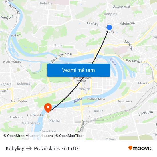 Kobylisy to Právnická Fakulta Uk map