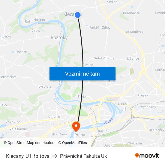 Klecany, U Hřbitova to Právnická Fakulta Uk map