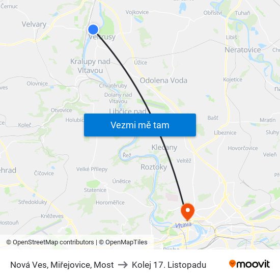 Nová Ves, Miřejovice, Most (B) to Kolej 17. Listopadu map