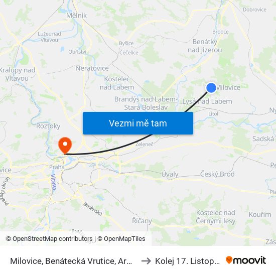 Milovice, Benátecká Vrutice, Armádní (B) to Kolej 17. Listopadu map