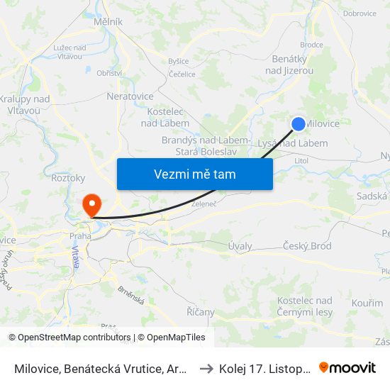 Milovice, Benátecká Vrutice, Armádní to Kolej 17. Listopadu map