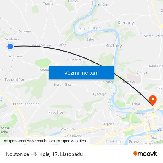 Noutonice to Kolej 17. Listopadu map